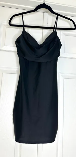 Lovely Day Black Satin Style Cowl Neck Mini Dress Small Date Night Party thumbnail 1