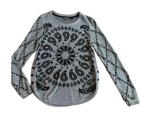 Desigual Grey Pullover Sweater Bohemian Print Stud Stretch Wool Blend Sz Medium thumbnail 1