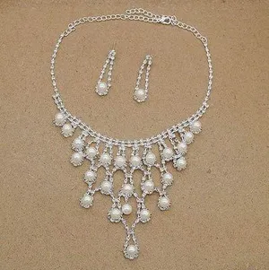 Bridal Wedding Jewelry Set Crystal Pearl Bridesmaid Party Necklace Drop Dangle Earrings Set thumbnail 1