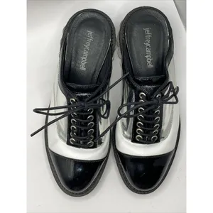 Jeffrey Campbell Lebovit Mule Low Heel Womens Sz 6 Open Back Shoes Silver Black‎ thumbnail 3