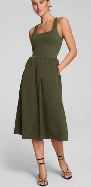 Spanx Jersey Scoop Neck Tank Midi Dress Dark Pine Olive A-Line Maxi Sundress S thumbnail 1