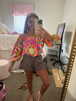 Vibrant Off-Shoulder Pink Geometric Women's Top thumbnail 2