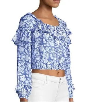 LoveShackFancy Ruffle Popover Blouse Top in Biscay Blue Size XS thumbnail 1