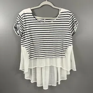 Free People French Kiss Mixed Media Top Stripe Blue White High Low Size Small thumbnail 3