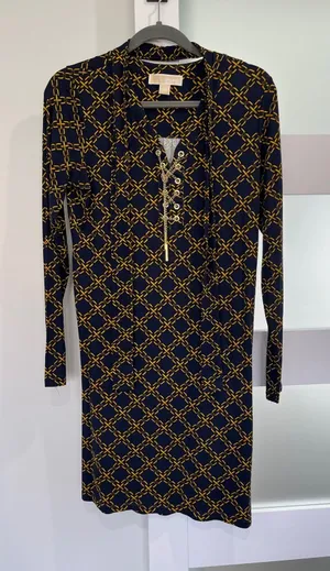 Michael Kors Navy Gold Chain Link Monogram Lace Up‎ Dress Small Long Sleeve Belt thumbnail 1