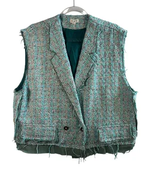 POL Tweed Vest Blazer Sleeveless Jacket Distressed Blue Cream‎ Small Oversized S thumbnail 1