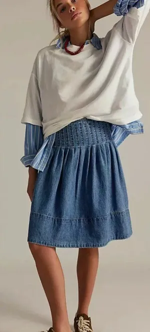 NWT Free People We The Free Peyton Pintuck Denim Midi Skirt Size 6 thumbnail 1