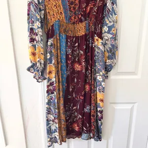 Oddi ODDY Bohemian Patchwork Mixed Print Midi Dress Bishop Sleeve Floral Large thumbnail 8