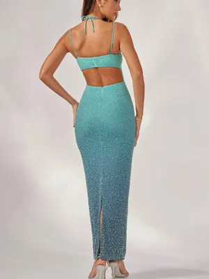 Oh Polly Monte Carlo Embellished Maxi Dress Beaded Green Blue Ombré Size 10 thumbnail 3