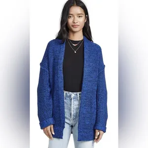 Free People High Hopes Chunky Knit Open‎ Front Cardigan in Blue Combo Size Large thumbnail 3
