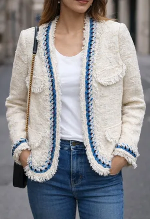 Magyann Cream Boucle Fringe‎ Trim Jacket Blazer Blue Trim Size XS Women's thumbnail 1