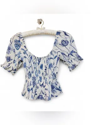 H&M Women’s Cotton Floral Smocked Peplum Puff Sleeve Crop Top Size Medium thumbnail 12
