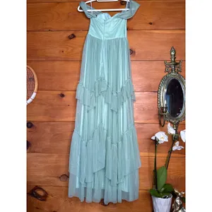 NWT Lulus Stunning Personality Sage Green Mesh Off-the-Shoulder Maxi Dress Sz XS thumbnail 9