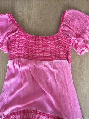 Pink Smocked Puff Sleeve Mini Dress Small NWOT Blue B thumbnail 2