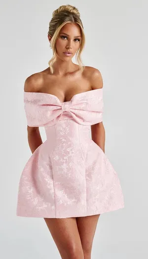 NWT Babyboo Raquel Blush Floral Jacquard Bow Off-The-Shoulder Mini Dress Size M thumbnail 1