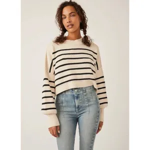 Free People Easy Street Stripe Crop Pullover Medium Cream Black Coastal Preppy thumbnail 8