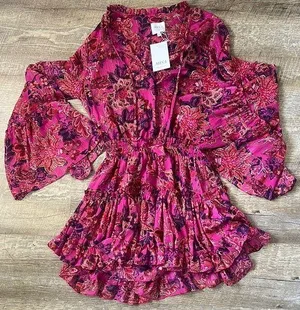NWT MISA Los Angeles Leeva Floral Chiffon Bell-Sleeve Mini Dress Size XS thumbnail 1
