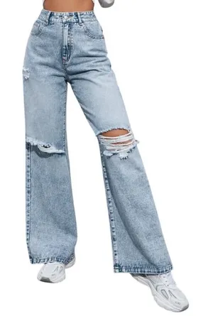 High Waist Ripped Wide Leg Jeans in Blue, Size XXS/4​​​ thumbnail 1