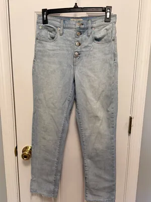 Madewell High Rise Slim Crop Boyjean 25‎ Light Wash Button Fly Raw Hem Jeans thumbnail 4