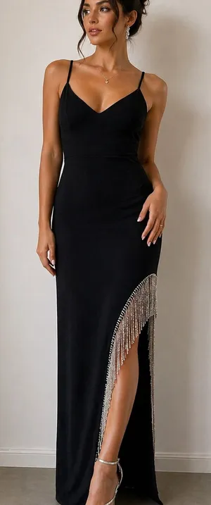 City Triangles Black Rhinestone Fringe Maxi Dress Size 7 Y2K Formal thumbnail 1