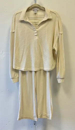 Better Together Cream Waffle Knit Lounge Pajama Set Henley Top Wide Leg Pants XS thumbnail 1