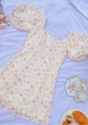 Amable Floral Cream Puff Sleeve Mini Dress thumbnail 2