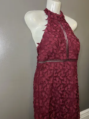 Bardot Dress Womens 6 Red Lace Halter Backless Sheath Midi Floral Party thumbnail 4