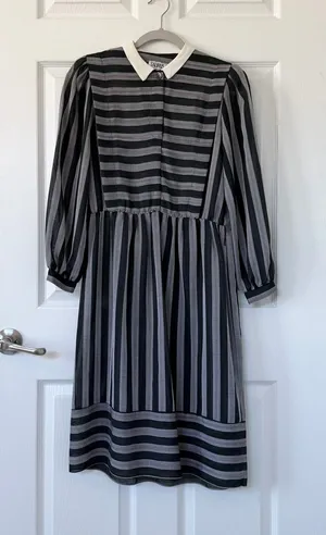 Vintage Union Made Striped Black & Gray Long-Sleeve Academia Dress Made in USA thumbnail 1