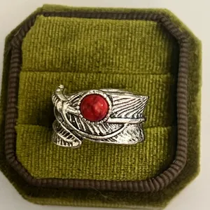 Boho/ Design Red Turquoise Silver Feather Wrap Wide Band Size 6 thumbnail 2