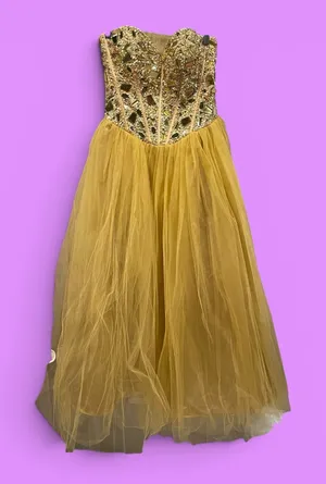 Golden princess jeweled coquette strapless tulle dress sparkle Terani Couture thumbnail 1