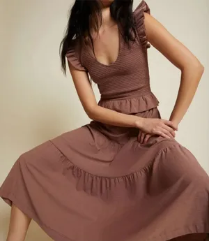 Nation LTD Fabienne Dress Maojave Brown Boho Ruffled Tiered Midi Large thumbnail 1