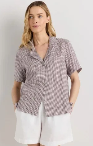 Quince 100% European Linen Gingham Brown Short Sleeve Blouse Top Size XL thumbnail 1