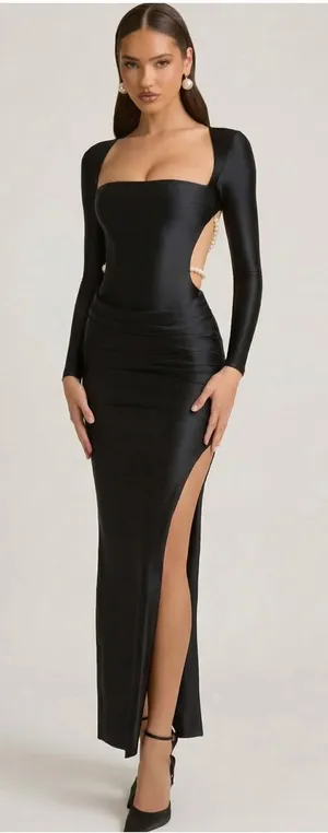 Oh Polly Quintessa Pearl-Detail Cut Out Open Back Maxi Dress Black Size 10 thumbnail 1