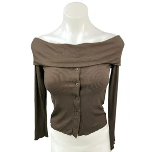 Princess Polly Parveen Brown Ribbed Off Shoulder Long Sleeve Crop Top Blouse 4 thumbnail 5