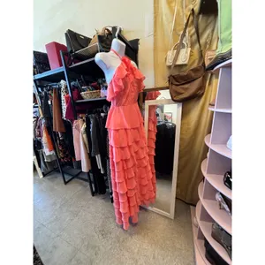 Coral‎ Pink Tiered Ruffle Halter Maxi Dress Corset Bodice Formal Gown thumbnail 4