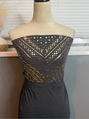 Express Strapless Black Evening Dress with Gold Beaded Bodice thumbnail 3
