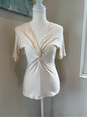 Sezane Cream Maia T-shirt Twist-Front Short Sleeve Top L thumbnail 3