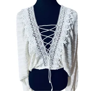 SheIn Boho Cream Lightweight Long Sleeve Top Lace Up Gauze With Crochet Trim Sz L thumbnail 5