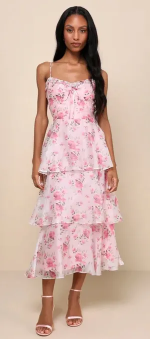 Lulus Immaculate Cutie Light Pink Floral Sleeveless Tiered Midi Dress NWT size M thumbnail 1