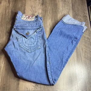 True Religion Medium Blue Cuffed Denim Straight Leg Jeans thumbnail 1