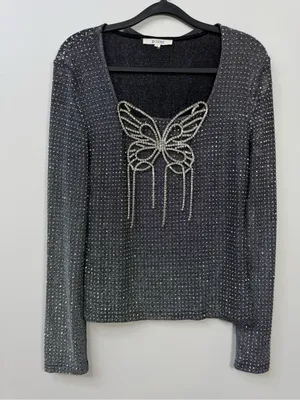 Pastel Rhinestone Butterfly Glitter Long Sleeve Evening Top size L thumbnail 4