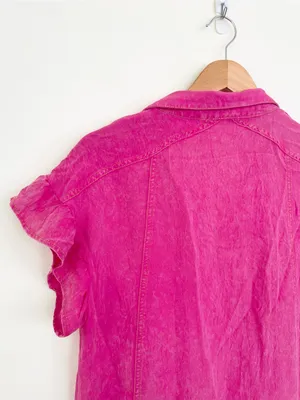 Umgee Hot Pink Ruffle Sleeve Collared Mini Shirt Dress S Small Barbiecore Boho thumbnail 5