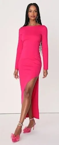 Lulus Solid Long Sleeve Maxi Dress Magenta Barbiecore Side Slit Size M thumbnail 1