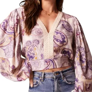 Band Of The Free New Paisley Lace V-Neck Balloon Sleeve Crop Top Size Small thumbnail 1