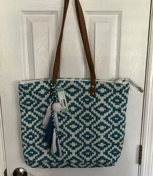 Blue and White Geometric Tote Bag with Leather Straps thumbnail 1