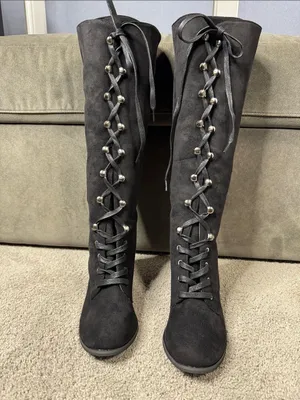 Tall Black Faux Suede Lace-Up Women’s Boots Gothic Size 8.5 (41) NEW thumbnail 3