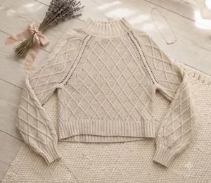 American Eagle Womens‎ Oatmeal Cream Diamond Cable Knit Mock Neck Sweater Small thumbnail 1