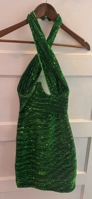 PrettyLittleThing Green Sequin Crossover Halter Bodycon Dress – US 8 – NWT thumbnail 1
