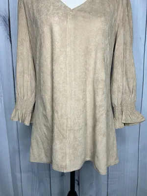 Aryeh Tunic Top Faux Suede Tan Camel V-Neck Smocked Ruffle Cuff Sz L Boho Chic thumbnail 3