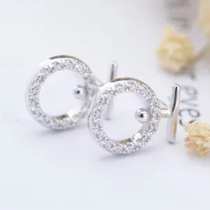 Circle‎ CZ Stud Earrings | White Gold Plated Silver thumbnail 10